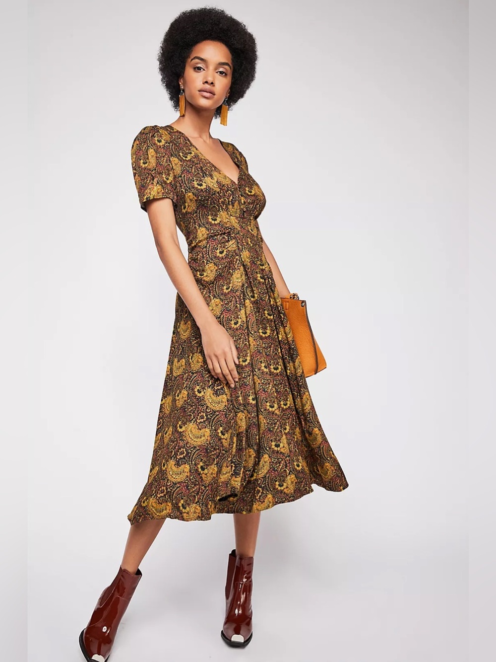 Free People Olivia Midi Dress Paisley Print Button Front Brown Multi Size 4